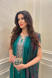 Bottle Green Chikankari Embroidered dress with Net Dupatta