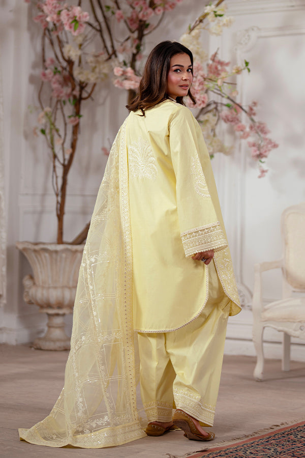 Lemon Yellow 3-Piece Lawn Dress with Organza Dupatta