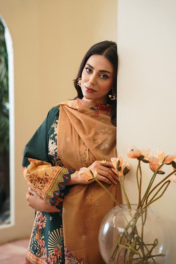 Geet 3-Piece – Green with Funky Florals & Scarlet Silk Dupatta
