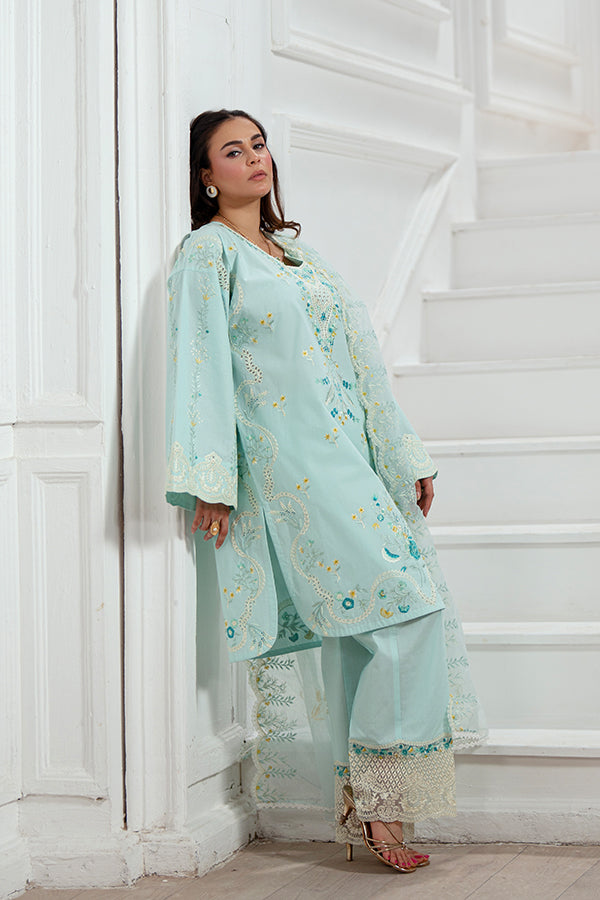 Trending Ice Blue 3-Piece Schiffli Lawn Dress for Women