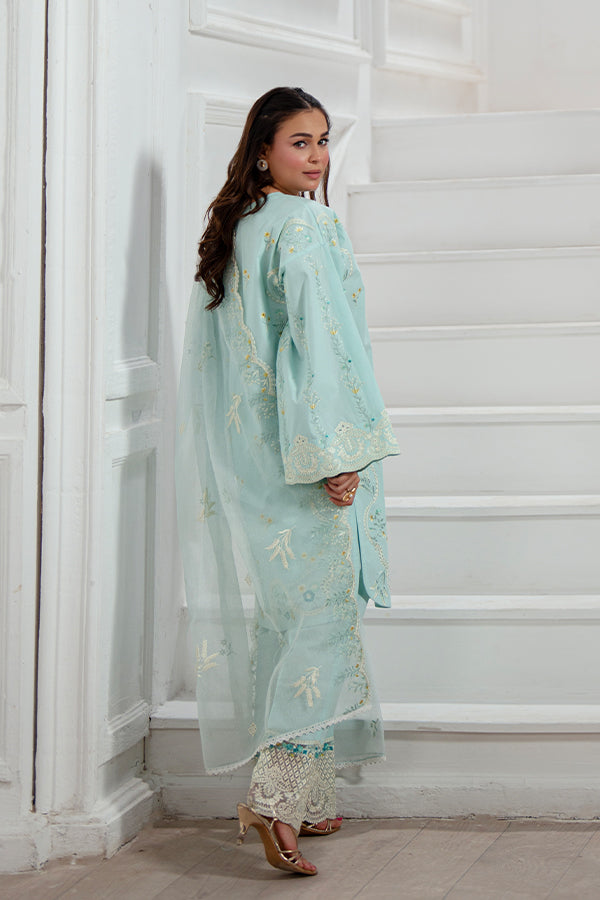 Trending Ice Blue 3-Piece Schiffli Lawn Dress for Women