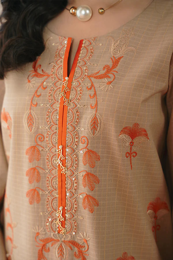 Urooj Skin Lawn Suit with Rust Suzani Embroidery Design