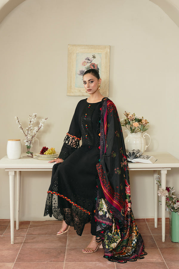 Black Schiffli Embroidered Shirt with Cambric Pant & Dupatta