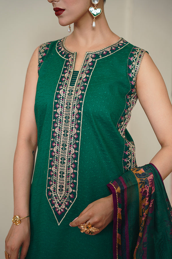 Bottle Green Chikankari Embroidered dress with Net Dupatta