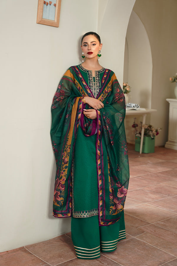 Bottle Green Chikankari Embroidered dress with Net Dupatta
