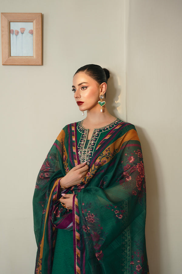 Bottle Green Chikankari Embroidered dress with Net Dupatta