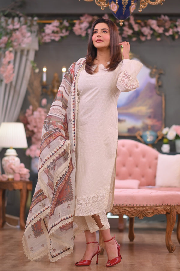 Amber 3-Piece – Skin Dress with Cutwork & Contrast Dupatta