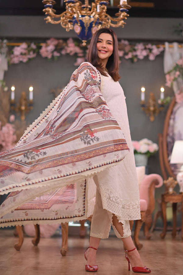 Amber 3-Piece – Skin Dress with Cutwork & Contrast Dupatta